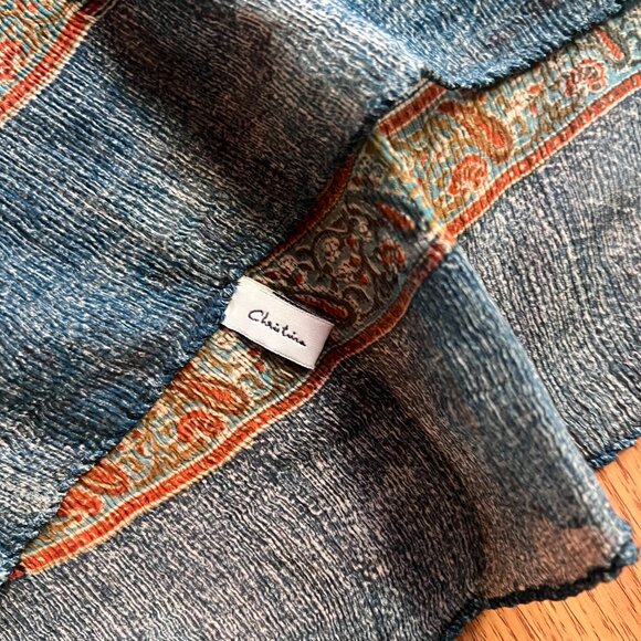 100% Silk Scarf Wrap Abstract Paisley Blue Turquoise Orange Christina Boho Cute - Picture 6 of 6